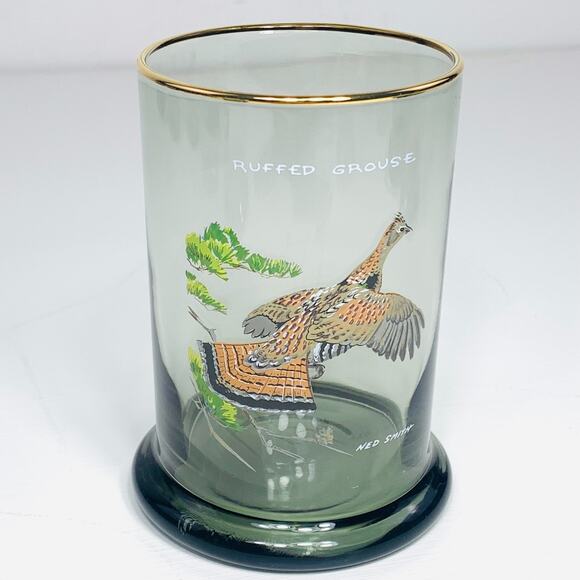NED SMITH Double Lowball 12 oz Glass Set (4) Smoke Gold Rim Waterfowl Rocks EUC - Picture 4 of 11